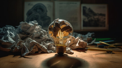 Education concept image. Creative idea and innovation. Crumpled paper as light bulb metaphor over blackboard. - obrazy, fototapety, plakaty