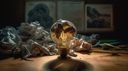Fotobehang Education concept image. Creative idea and innovation. Crumpled paper as light bulb metaphor over blackboard. © Matthew