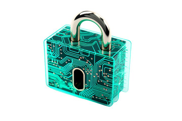Data Encryption Padlock with Digital Circuitry on transparent background.
