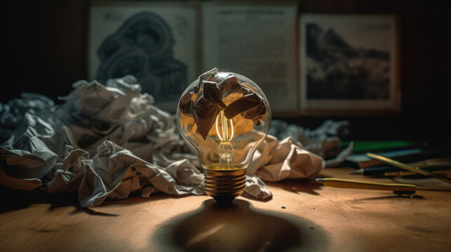 Education concept image. Creative idea and innovation. Crumpled paper as light bulb metaphor over blackboard.