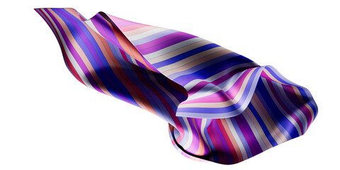  Striped flowing fabric in the wind. Detailed striped folded flying cloth. Abstract element for design. 3D rendering image. Image isolated on a transparent background.