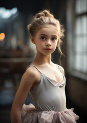 little graceful girl ballerina in a tutu practices at a ballet school, dancer, child, kid, studio, dress, dance, rehearsal, theater, beautiful, bun hairstyle, delicate outfit, pink, portrait, face