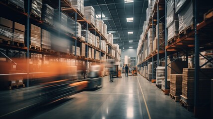 Long exposure of warehouse aisle with fast-moving machinery and worker overseeing operations in motion blur