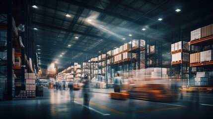 Long exposure of modern warehouse interior with motion blur of workers and machinery - obrazy, fototapety, plakaty