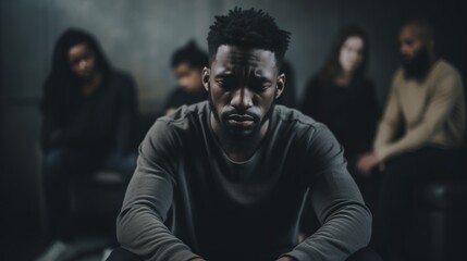 A black man with a somber expression suffering from anxiety and depression in a support group setting - obrazy, fototapety, plakaty