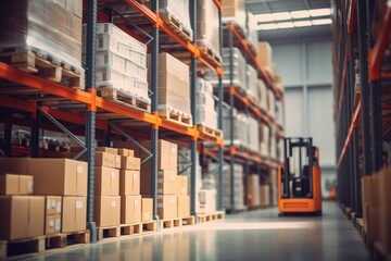 Close-up of storage shelves with stacked boxes in a modern warehouse with a forklift in the background