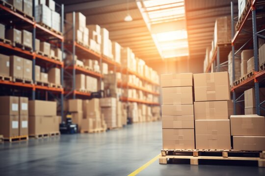 Large warehouse interior with rows of shelves and stacked cardboard boxes illuminated by sunlight