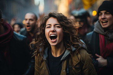 Angry woman activist shouting slogans defending the rights of the oppressed at demonstrations among like-minded people - obrazy, fototapety, plakaty
