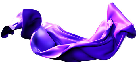 purple silk fabric design element, 3d rendering purple cloth material flying in the wind. Waving satin cloth isolated on transparent PNG background