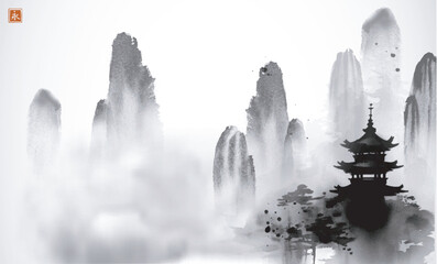  Ink painting depicting a pagoda temple and majestic mist-shrouded mountains. Traditional oriental ink painting sumi-e, u-sin, go-hua. Translation of hieroglyph - eternity