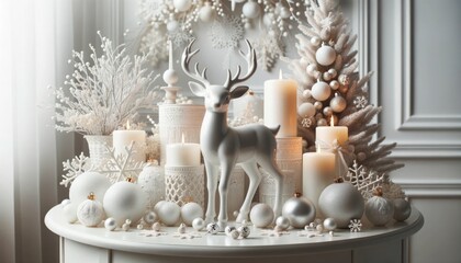 Stylish Christmas scandinavian minimalistic interior with white decor. - obrazy, fototapety, plakaty