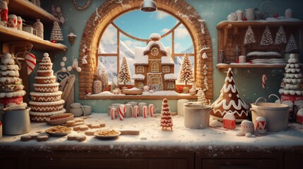 A cozy kitchen scene with gingerbread houses under construction, icing and candy decorations neatly laid out, and a rolling pin covered in flour.