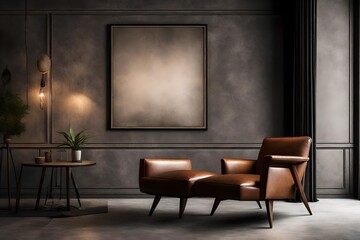 An atmospheric portrayal of a Canvas Frame for a mockup, the dark cement wall and the intricate stitching of the leather armchair in a modern living room