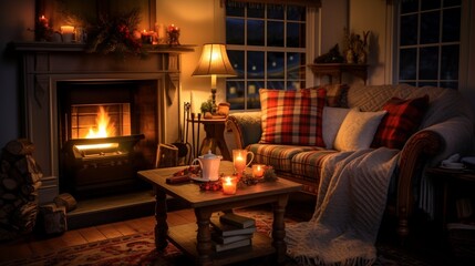 A cozy living room aglow with the warm light of a fireplace, stockings hung by the chimney with care