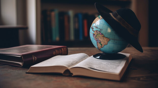 Education to learn study in world. Graduated student studying abroad international idea. Master degree hat on top globe book. Concept of graduate educational for long distane learning anywhere anytime