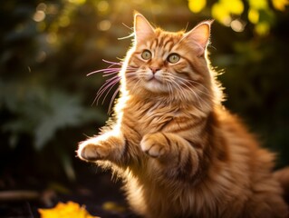 Naklejka na ściany i meble Playful cat batting at falling autumn leaves in a sunlit garden