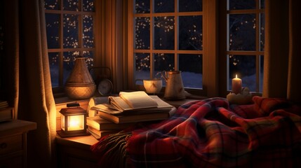 A cozy reading nook by the window, with a plush blanket, a stack of holiday books, and a glowing lantern
