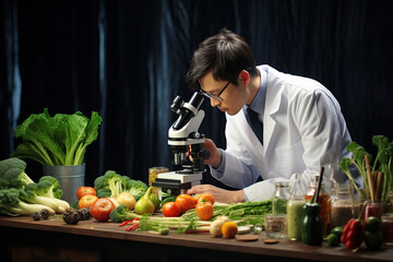 Scientist inspecting vegetables for food safety concept
