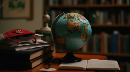 Education to learn study in world. Graduated student studying abroad international idea. Master degree hat on top globe book. Concept of graduate educational for long distane learning anywhere anytime