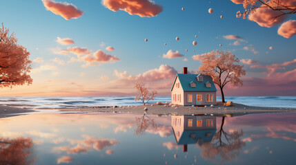 Cozy small house by the sea or lake as dream concept for house by the sea