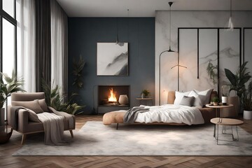 A cozy bedroom interior wall mockup with a plush bed, a fireplace, and a sitting area with a comfortable armchair