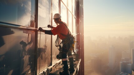 construction worker climber on a high-rise building - obrazy, fototapety, plakaty