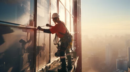 Fotobehang construction worker climber on a high-rise building © olgaberazovik
