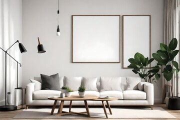 A vertical wooden frame poster mockup in a modern living room with a white sofa, a coffee table, and a plant in the corner.