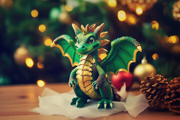 Green wooden dragon toy - the cute sign of New Year 2024 on Christmas background. - obrazy, fototapety, plakaty
