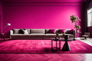 A cozy and inviting living room with a viva magenta wall, a fireplace, and a seating area with a sofa and armchair.