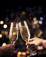 New year's eve celebration: Toasting happiness with champagne flutes in hand. With copyspace. - obrazy, fototapety, plakaty
