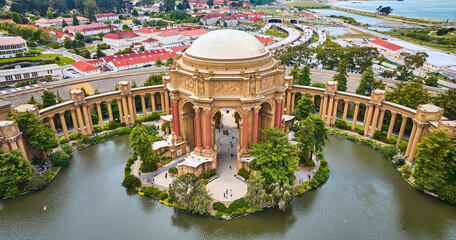 Open air rotunda Palace of Fine Arts aerial colonnade around lagoon in city Marina District