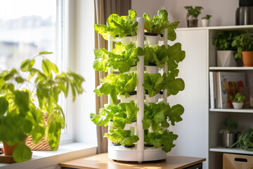 Green lettuce growing in vertical hydroponic tower system. Home vertical hydroponic system grows plants vertically without soil, using nutrient-rich water for cultivation in limited spaces - obrazy, fototapety, plakaty