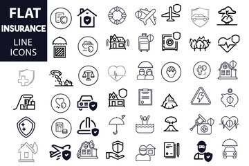 Insurance icons set. Assurance and insurance outline icons collection. Life, medical, car, travel, house, healthcare, money and social insurance collection