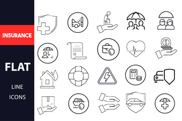 Fototapeta premium Insurance icons set. Assurance and insurance outline icons collection. Life, medical, car, travel, house, healthcare, money and social insurance collection
