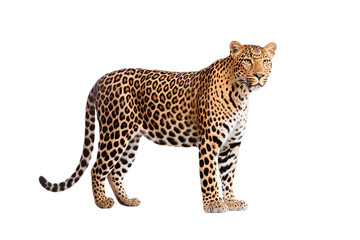 Leopard isolated on a transparent background. Animal right side view portrait.	