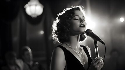 Black and white photo of a Caucasian woman inspired by the 1940s, singing into a microphone 
