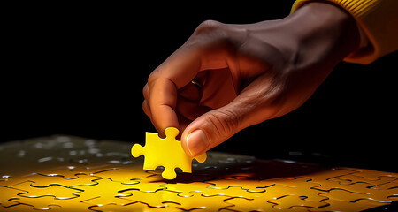 businessman solving a yellow jigsaw puzzles . Business and success strategic solutions and problem solving challenge - business open mindset concept - obrazy, fototapety, plakaty