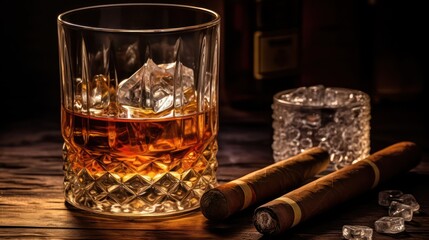 Glass of whiskey with smoking cigar and ice cubes on wooden table