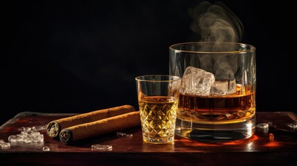 Glass of whiskey with smoking cigar and ice cubes on wooden table - obrazy, fototapety, plakaty