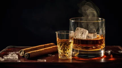 Foto op Aluminium Glass of whiskey with smoking cigar and ice cubes on wooden table © Terablete