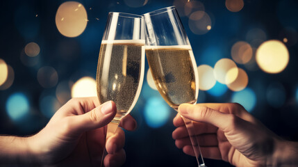 Festive cheers: Two friends toast with champagne flutes on new year's eve. With copyspace.