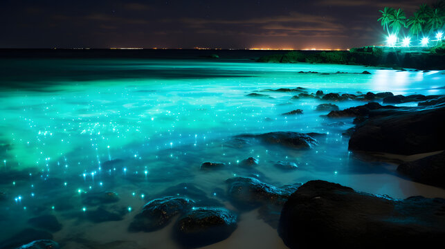 Glowing Bioluminescent Plankton Illuminating A Nighttime Beach, Nature Background, Landscape Background, Aspect-ratio 16:9