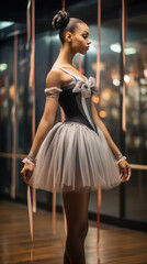 dark-skinned beautiful young woman ballerina, theater actress, pointe shoes, ballet tutu, dancer, rhythmic gymnastics, African-American girl, sport, ballet, dancing, rehearsal, dress, body, portrait