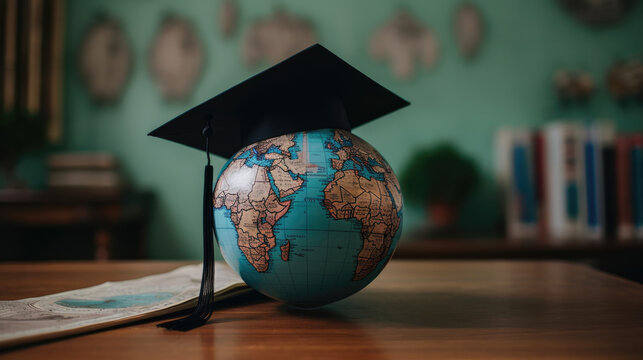 Graduated study abroad international Conceptual, Graduation hat on top Earth globe model map with Radar background. Congratulations to graduates, Studies lead to success in world wide. Back to School.