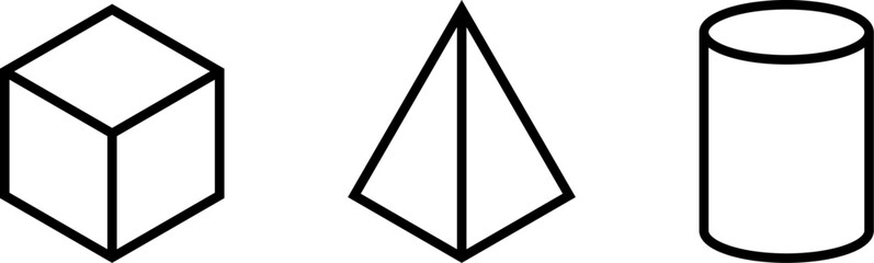 Basic Icon Set of Geometric Shapes including Cube Box Pyramid and Cylinder in 3D Style Perspective View. Vector Image.