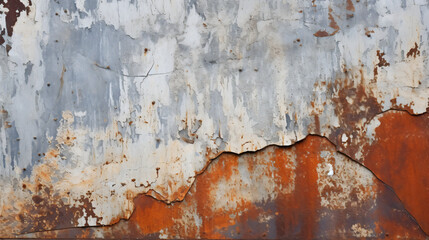 Rusted metal surface with peeling white and blue paint visible in patches taken at a slight angle.