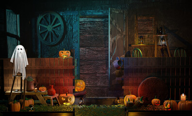 Halloween scene with ghost and pumpkins and creepy enchanted house. 3D render illustration.