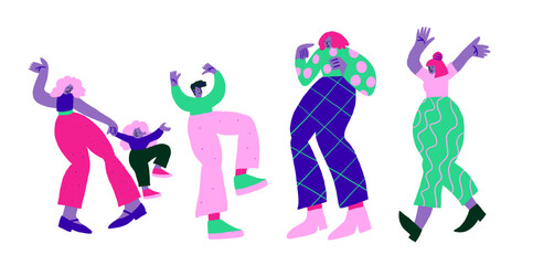 Collection of cool colorful people doodles. Colorful party characters dancing on white. Cartoon people. Vector illustration