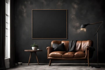 An intimate portrayal of a Canvas Frame for a mockup in a modern living room, capturing the mood set by a leather armchair's silhouette and the dark cement wall's raw appeal